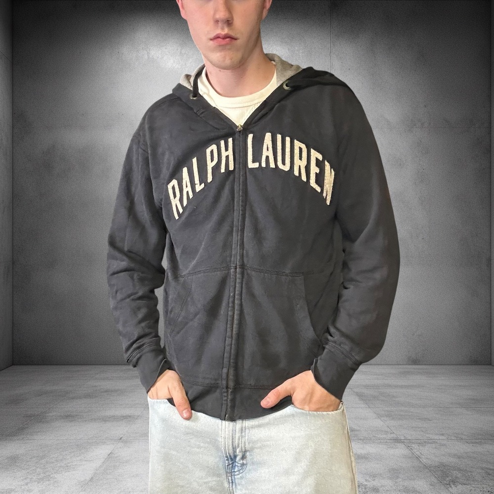 Vintage Polo Jeans Co Ralph Lauren Zip Up Hoodie Faded Black Y2K Spellout Small